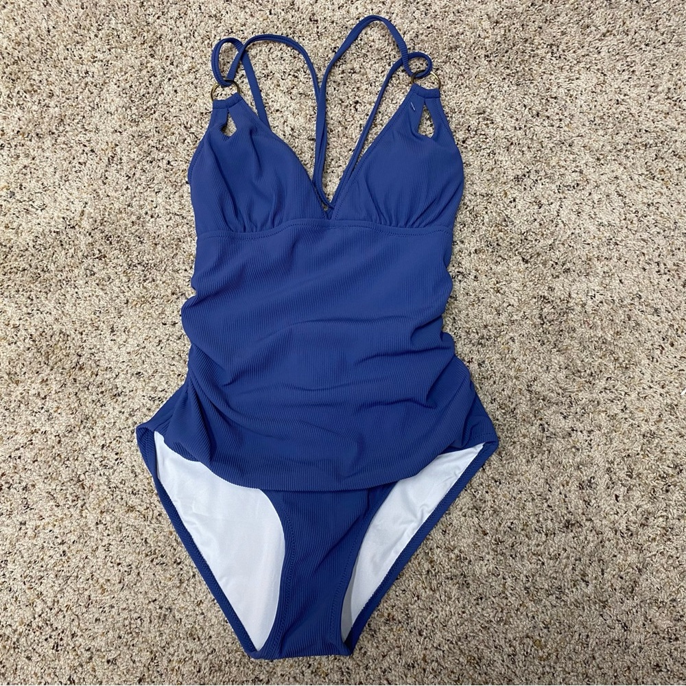 Charmo swimsuit women's size medium 8 blue one piece strappy new with tags